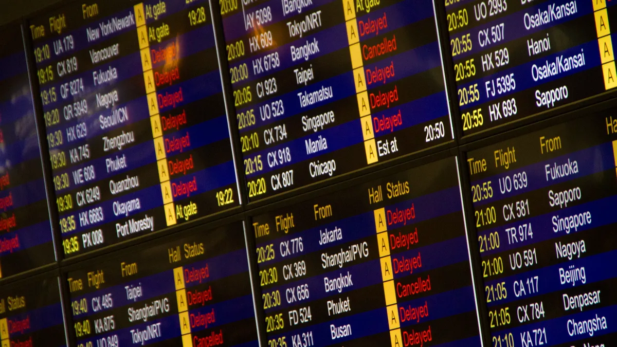 A large display of flight information, including departure and arrival times, destinations, and gate numbers.