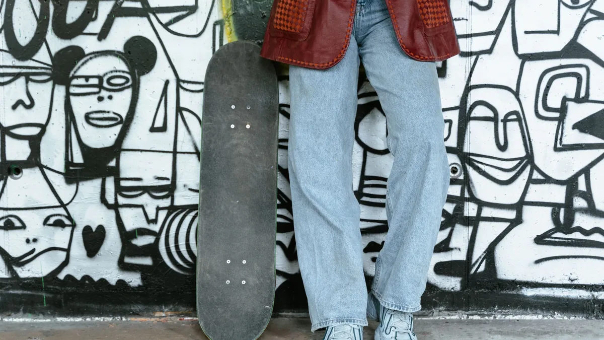 A person standing in front of a wall covered in graffiti, holding a skateboard.