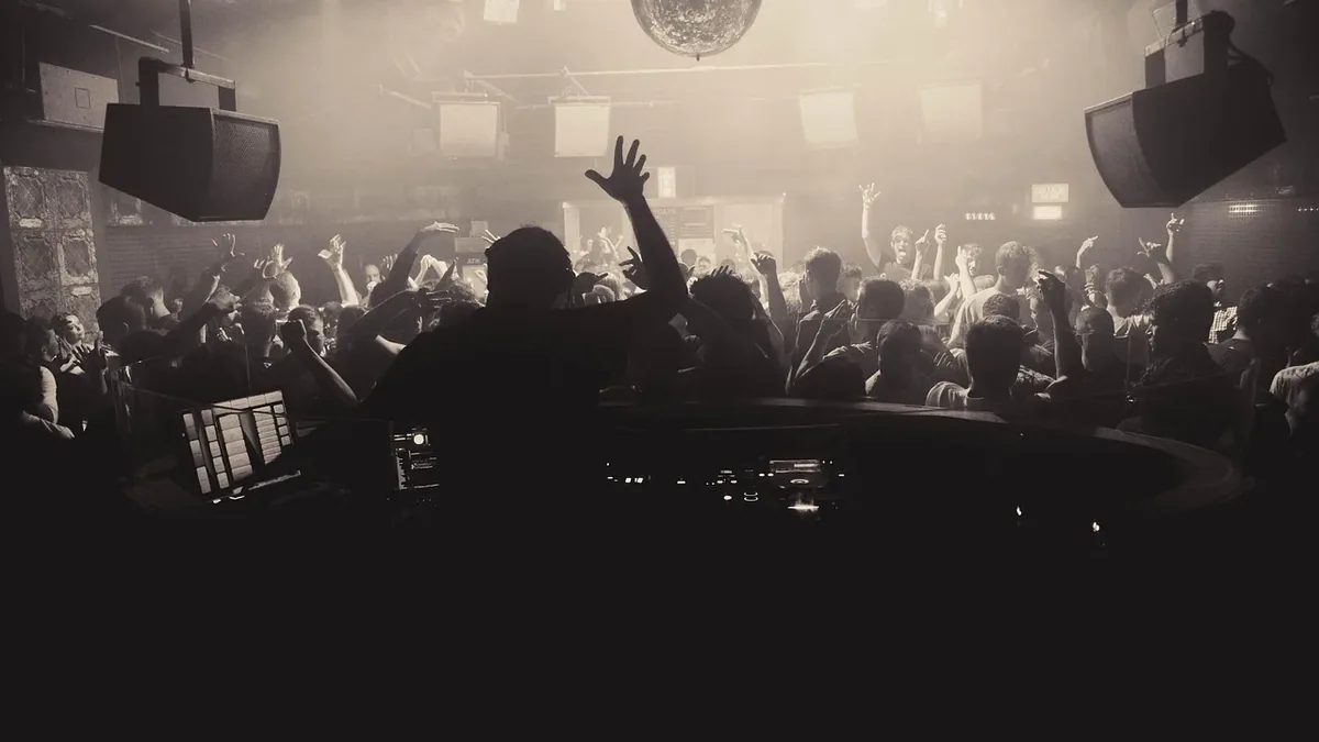 A DJ performing in a dimly lit nightclub, with a crowd of people gathered in front of them.